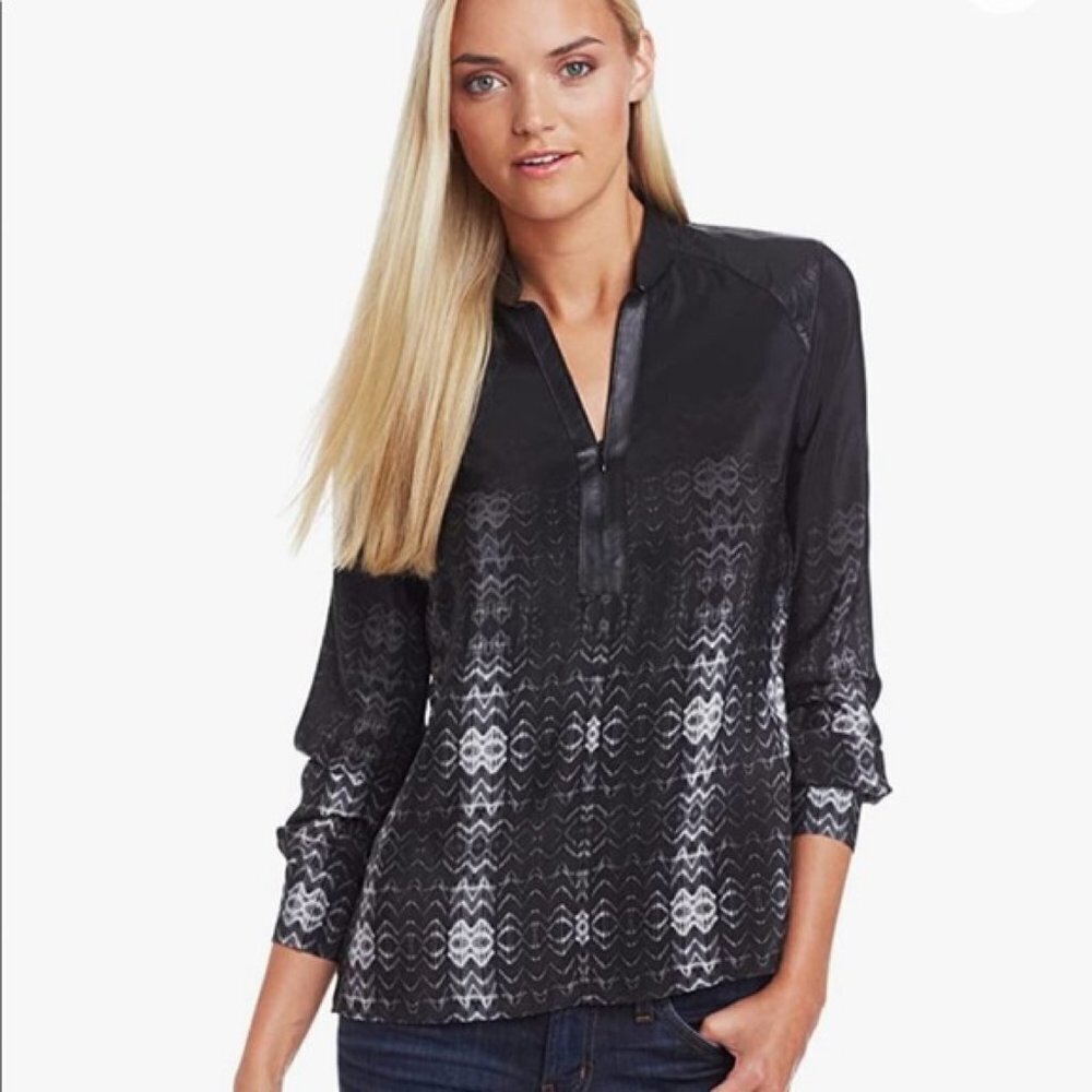 EUC Parker 100% Silk & Leather Trim Black Geometric Winona Long Sleeve Blouse M 